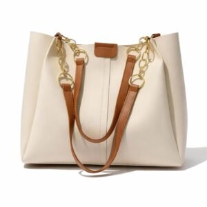 GALAXY FASHION POINT Luxury Women’s Handbag Tote – Premium PU Leather Shoulder Bag with Chain Strap, Spacious Stylish Office & Casual Use Purse (Beige & Brown)